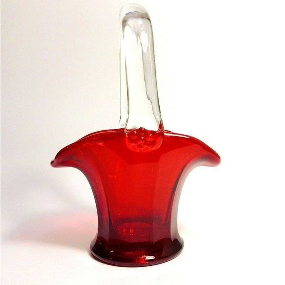 Mosser Ruby Red Art Glass Basket Clear Handle USA Flower Daisy - Picture 5 of 8